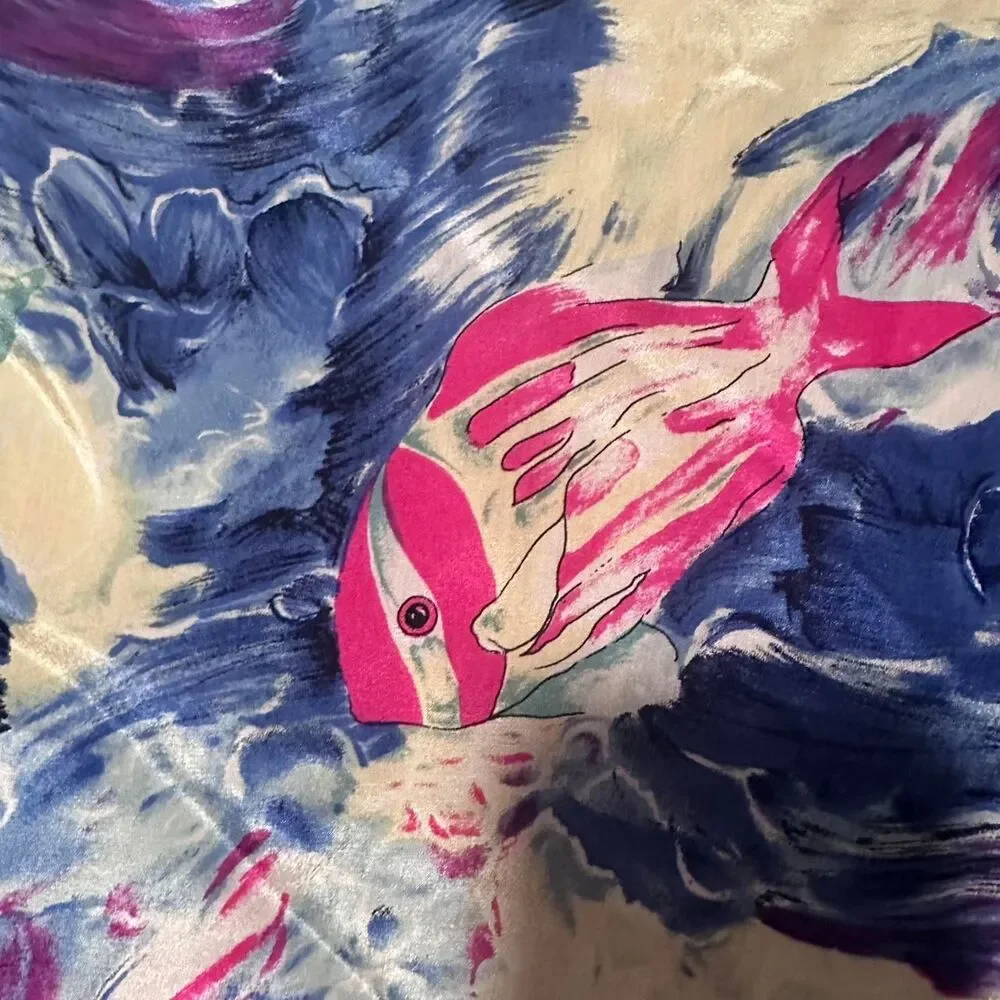 100% Silk Vintage Women's Coastal Style Fish Scarf Beach Nautical